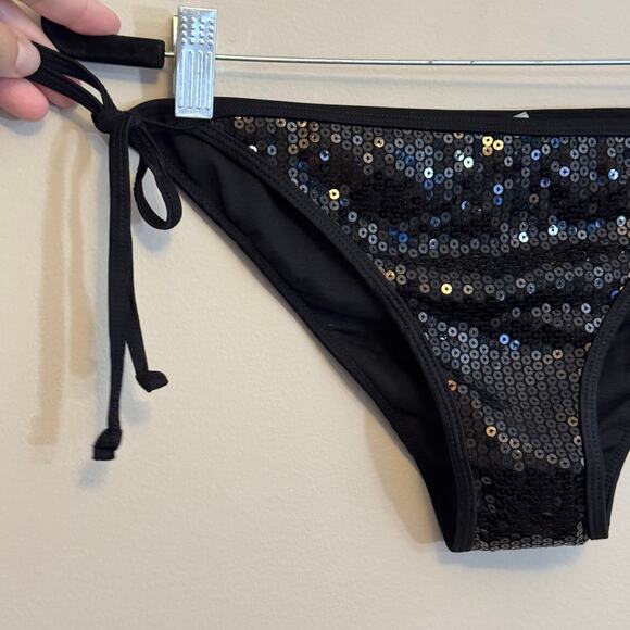 Kensie Two Piece Bikini Set L Black Sequins Halter Tie Straps Beach Summer NWT - Picture 9 of 16